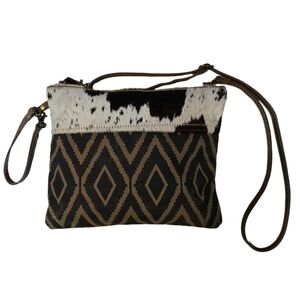 Myra Bag Cowhide Fur Leather Canvas Crossbody Wristlet Purse EUC